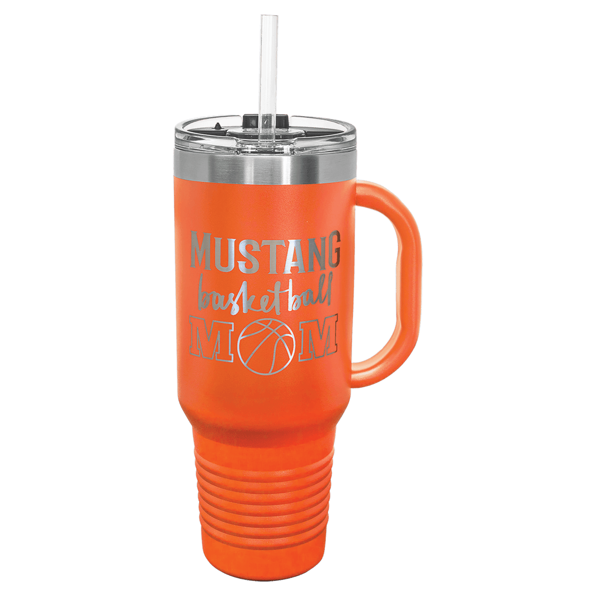 Orange powder-coated 40 oz. travel mug with a handle, straw and snap lid, shown with a sample engraving
