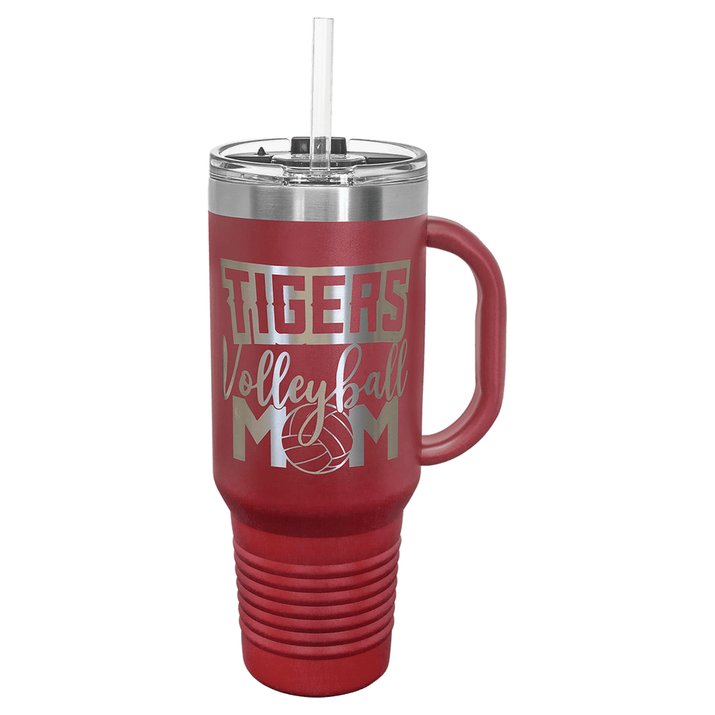 Maroon powder-coated 40 oz. travel mug with a handle, straw and snap lid, shown with a sample engraving