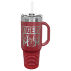 Maroon powder-coated 40 oz. travel mug with a handle, straw and snap lid, shown with a sample engraving