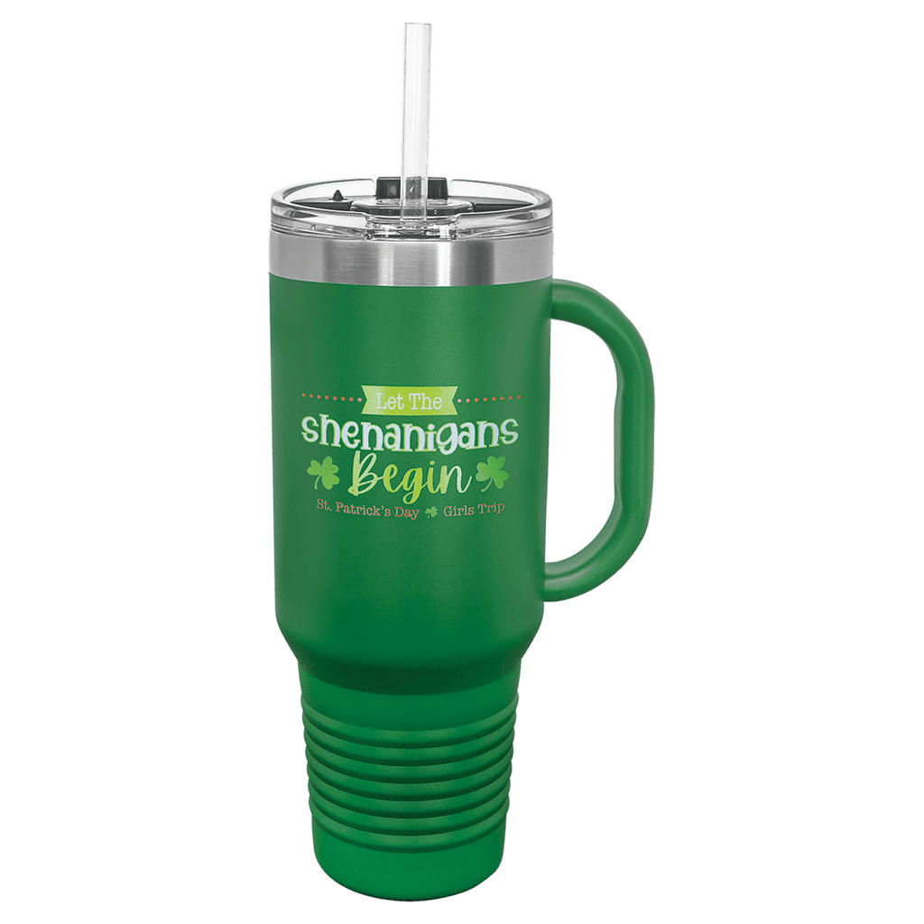 Green powder-coated 40 oz. travel mug with a handle, straw and snap lid, shown with a sample engraving