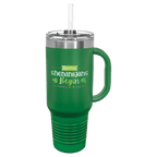 Green powder-coated 40 oz. travel mug with a handle, straw and snap lid, shown with a sample engraving