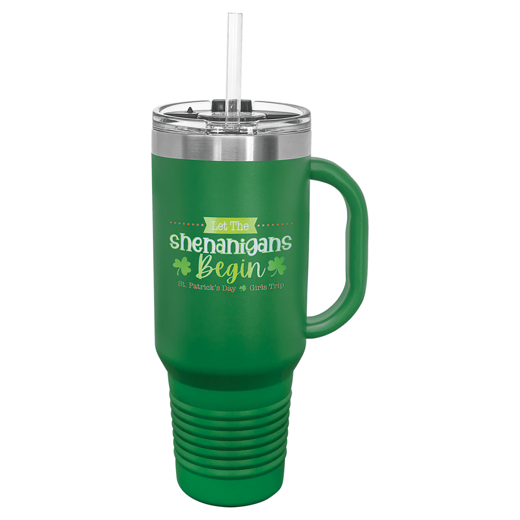 Green powder-coated 40 oz. travel mug with a handle, straw and snap lid, shown with a sample engraving