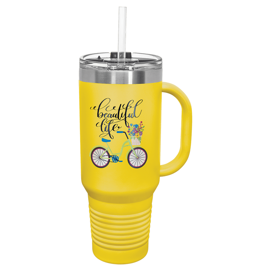 Yellow powder-coated 40 oz. travel mug with a handle, straw and snap lid, shown with a sample engraving