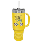 Yellow powder-coated 40 oz. travel mug with a handle, straw and snap lid, shown with a sample engraving