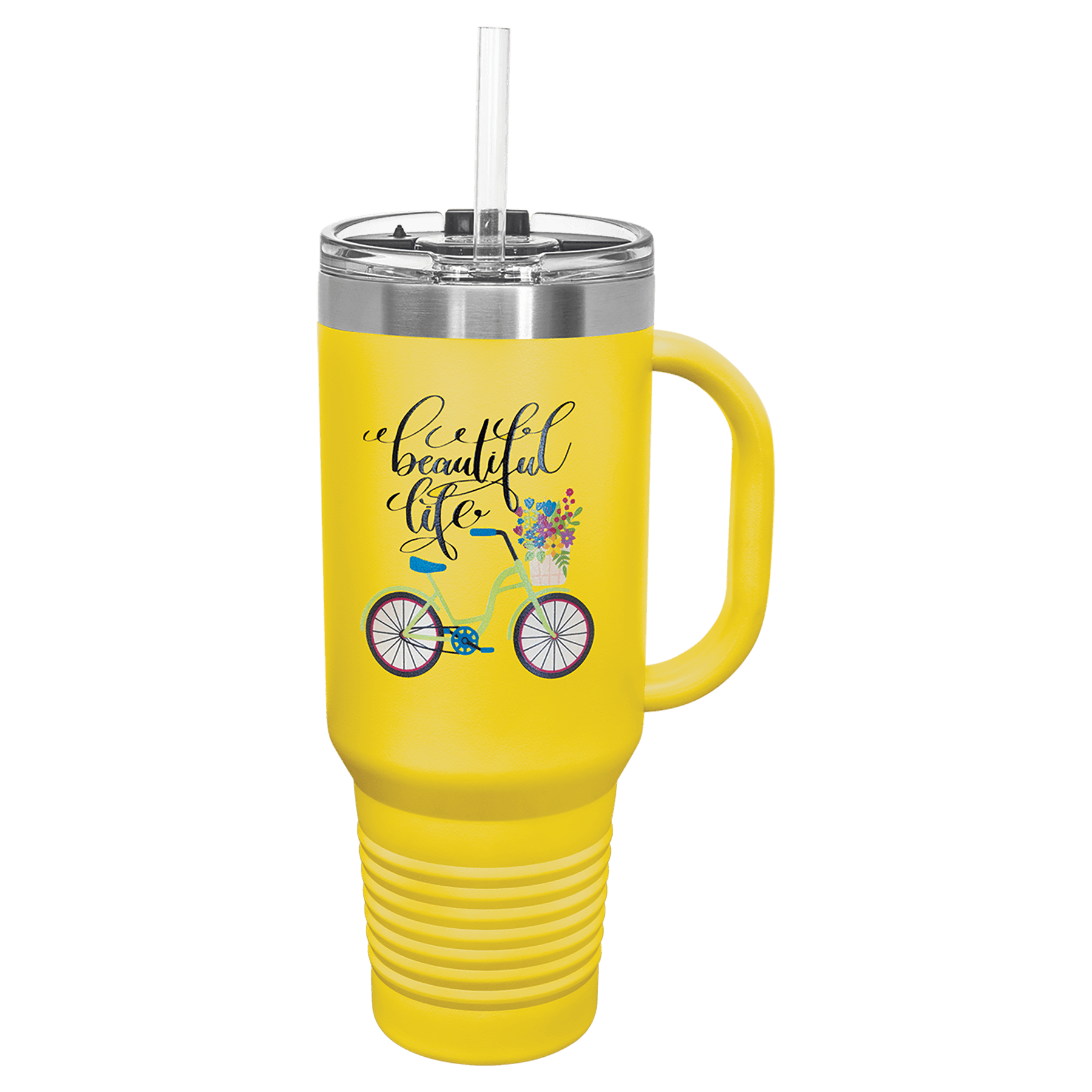 Yellow powder-coated 40 oz. travel mug with a handle, straw and snap lid, shown with a sample engraving