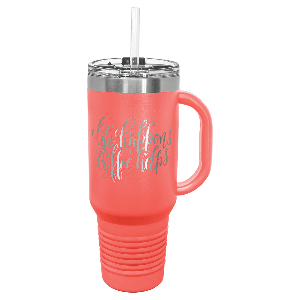 Coral powder-coated 40 oz. travel mug with a handle, straw and snap lid, shown with a sample engraving