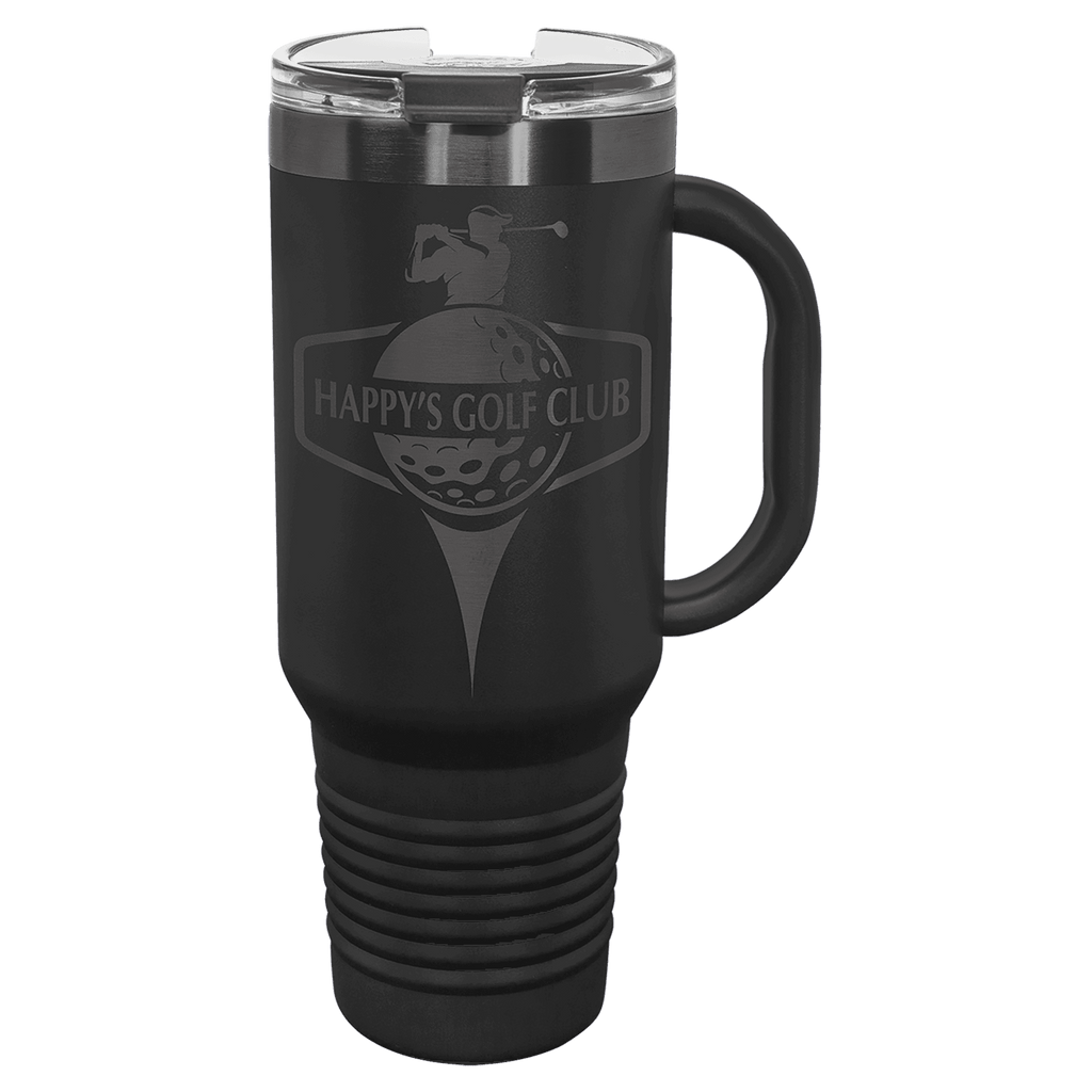 Black 40 oz. travel mug with a ghost black plated band, handle and straw