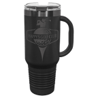 Black 40 oz. travel mug with a ghost black plated band, handle and straw