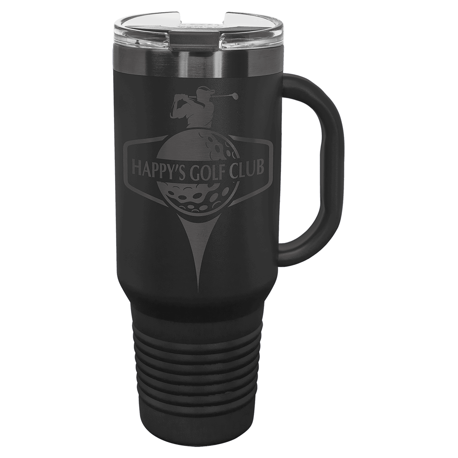 Black 40 oz. travel mug with a ghost black plated band, handle and straw