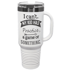 White 40 oz. travel mug with a ghost black plated band, handle and straw