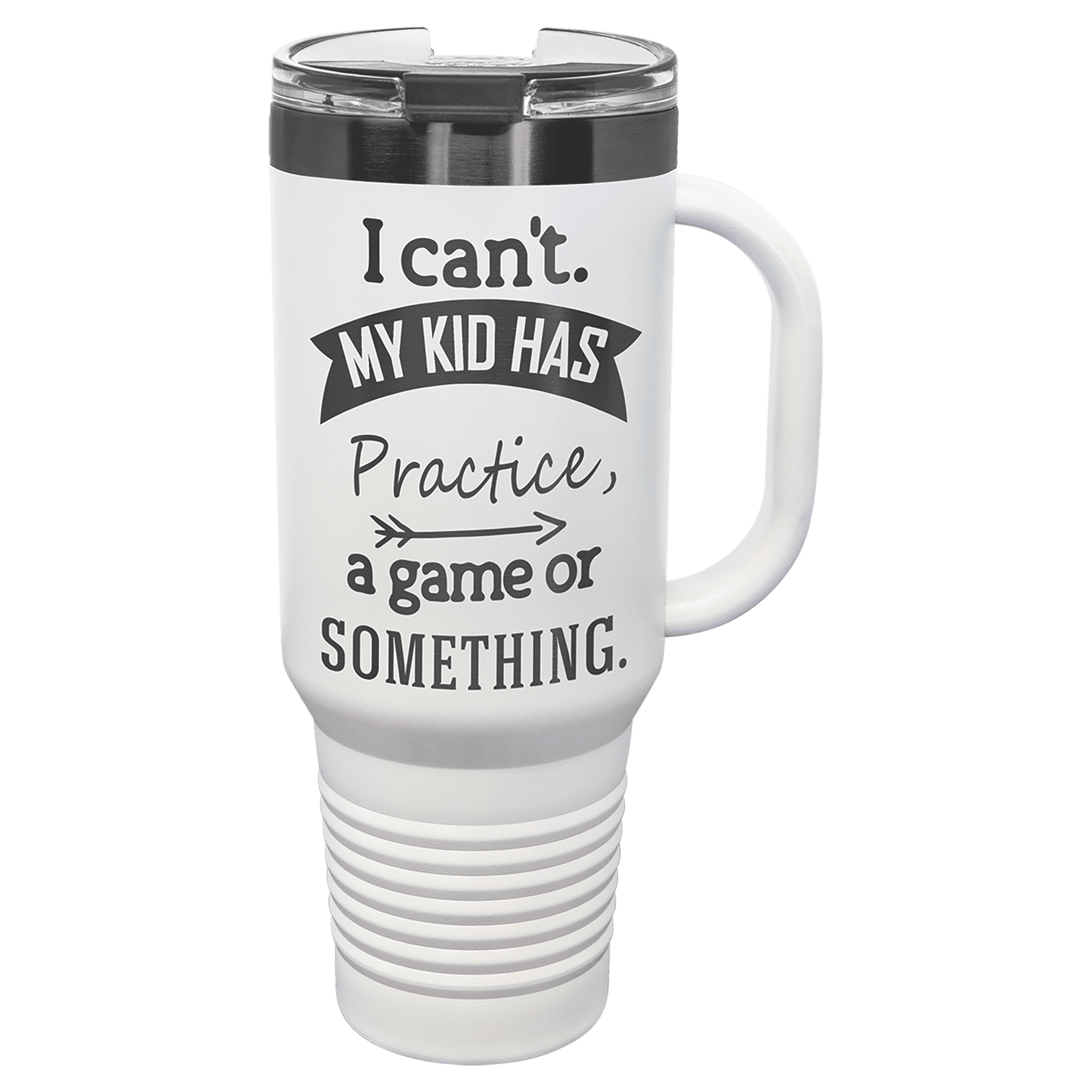 White 40 oz. travel mug with a ghost black plated band, handle and straw