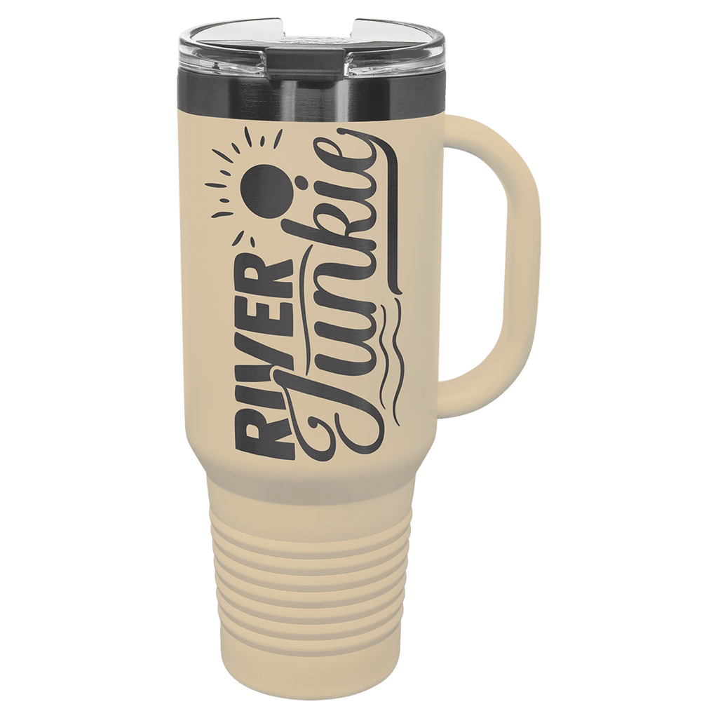 Warm sand 40 oz. travel mug with a ghost black plated band, handle and straw