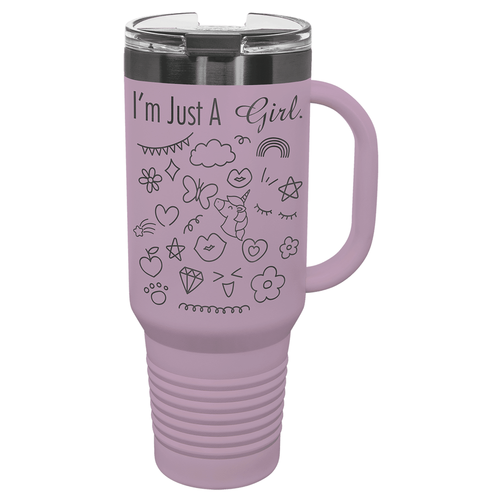 Moody lilac 40 oz. travel mug with a ghost black plated band, handle and straw