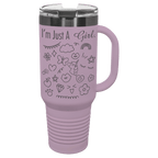 Moody lilac 40 oz. travel mug with a ghost black plated band, handle and straw