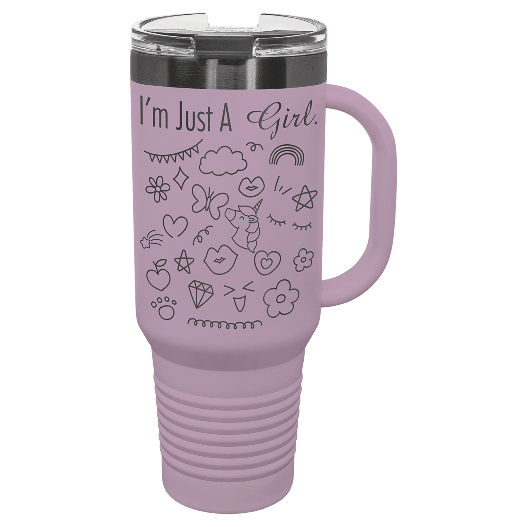 Moody lilac 40 oz. travel mug with a ghost black plated band, handle and straw