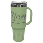 Summer sage 40 oz. travel mug with a ghost black plated band, handle and straw