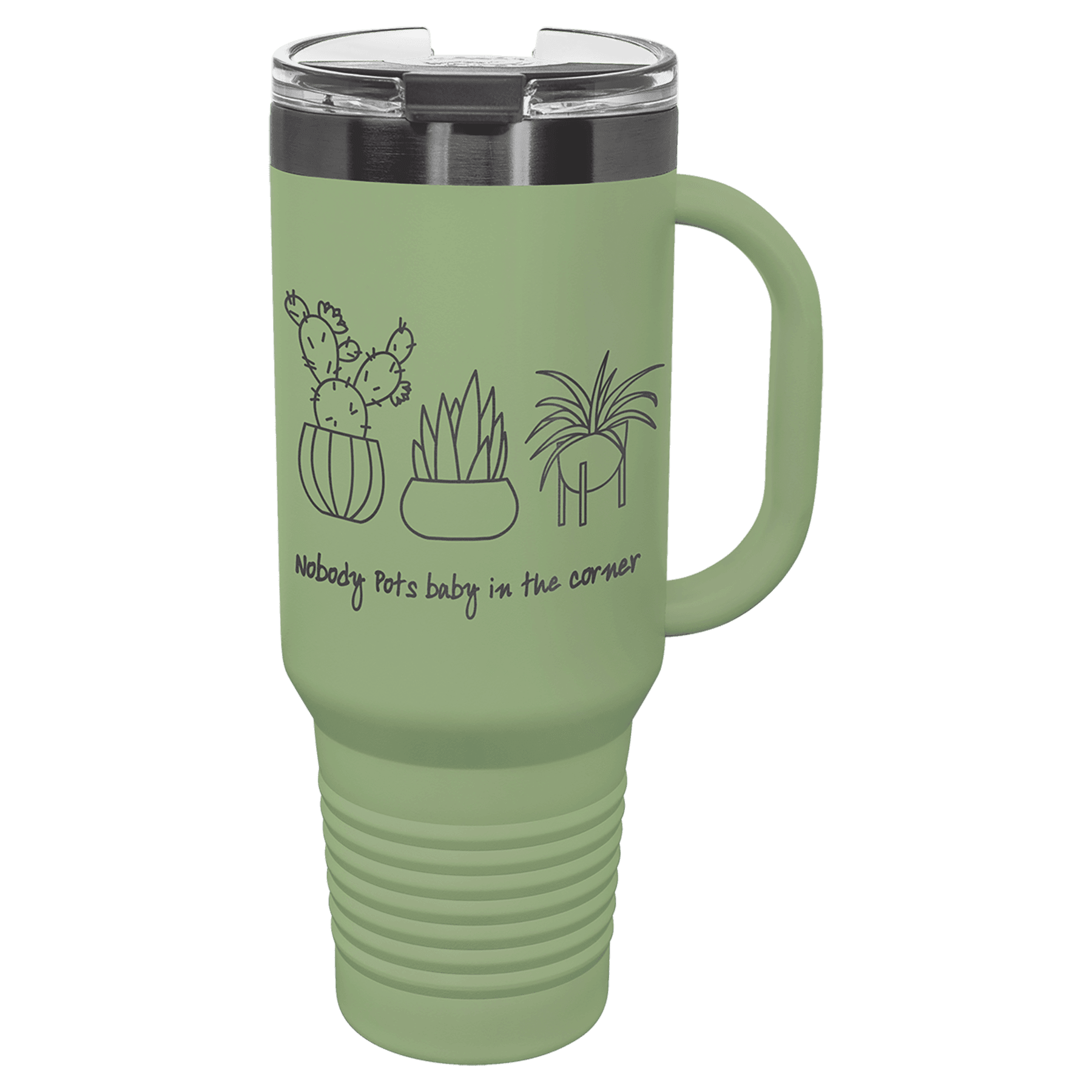 Summer sage 40 oz. travel mug with a ghost black plated band, handle and straw