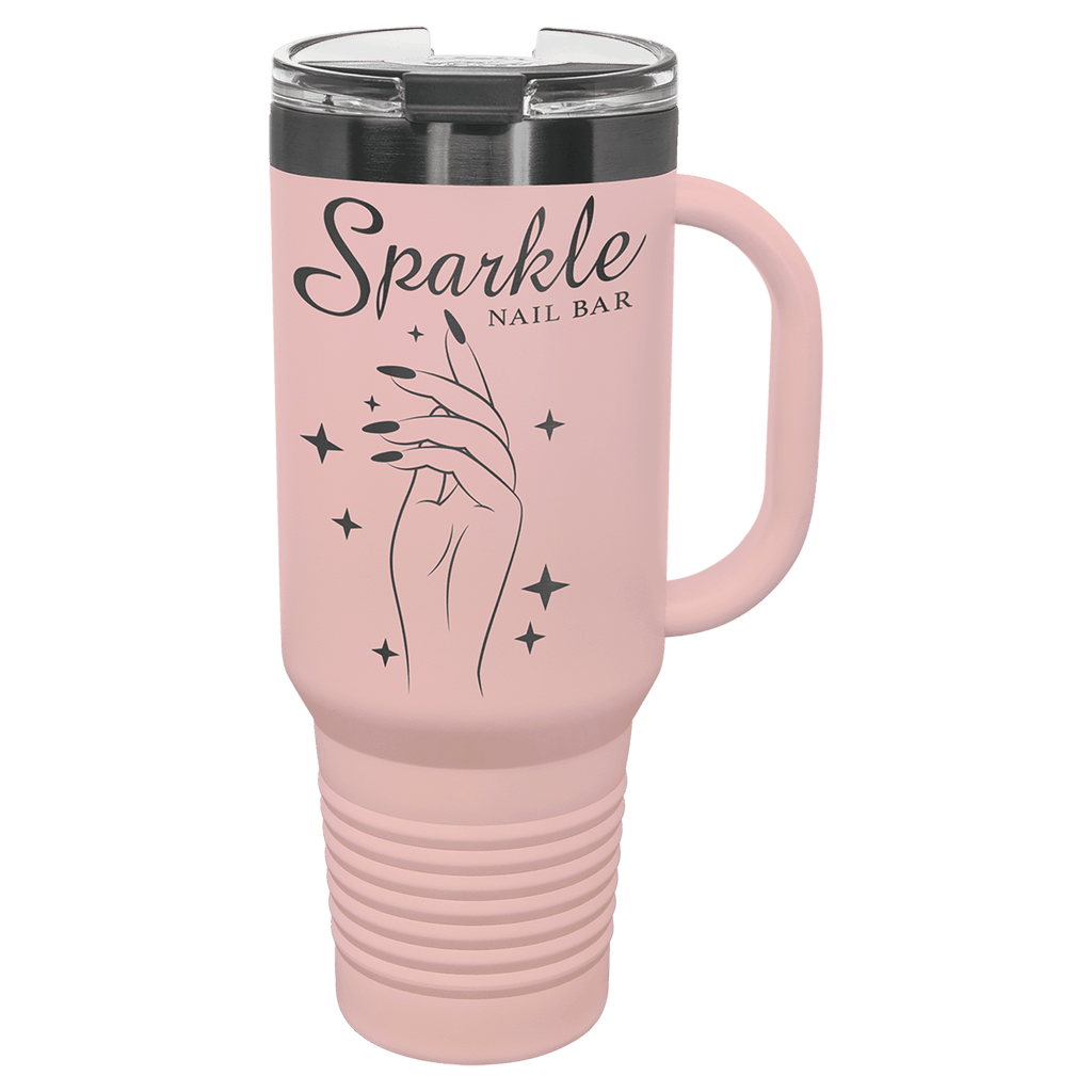 Blush 40 oz. travel mug with a ghost black plated band, handle and straw