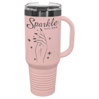 Blush 40 oz. travel mug with a ghost black plated band, handle and straw