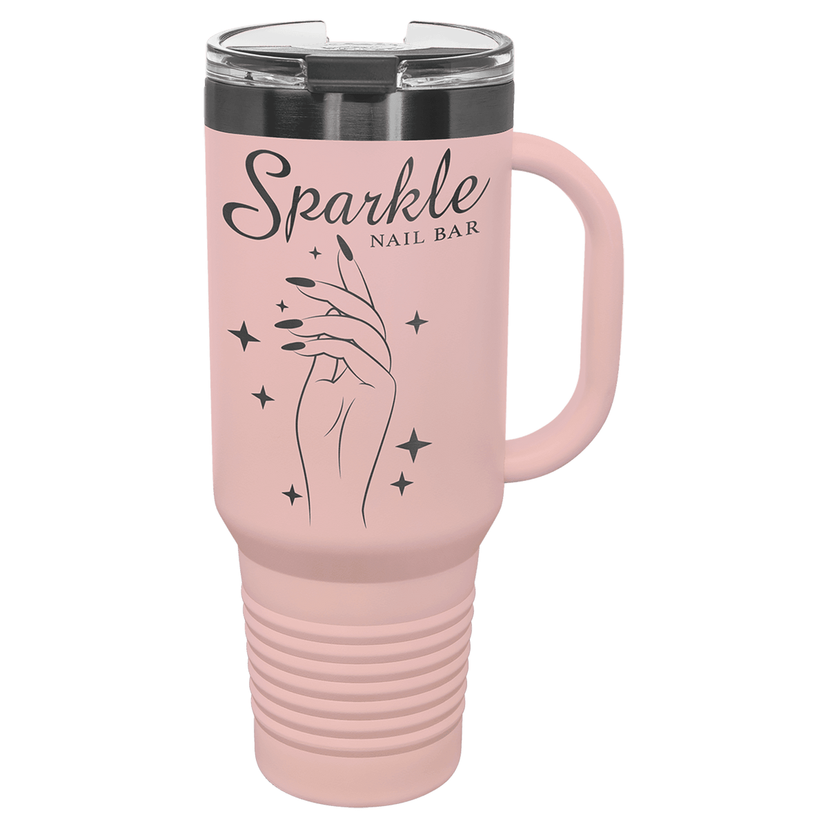 Blush 40 oz. travel mug with a ghost black plated band, handle and straw