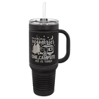 Black 40 oz. travel mug with a black leatherette wrap, handle, straw and snap lid, shown with a sample engraving