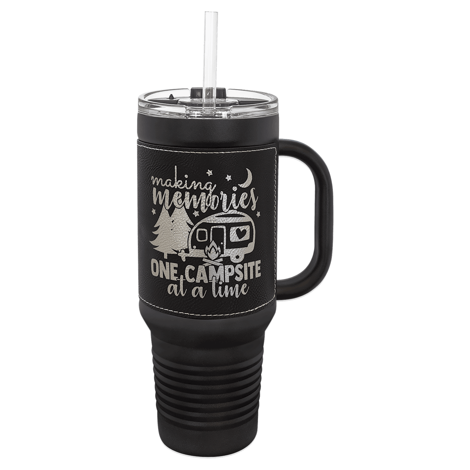 Black 40 oz. travel mug with a black leatherette wrap, handle, straw and snap lid, shown with a sample engraving