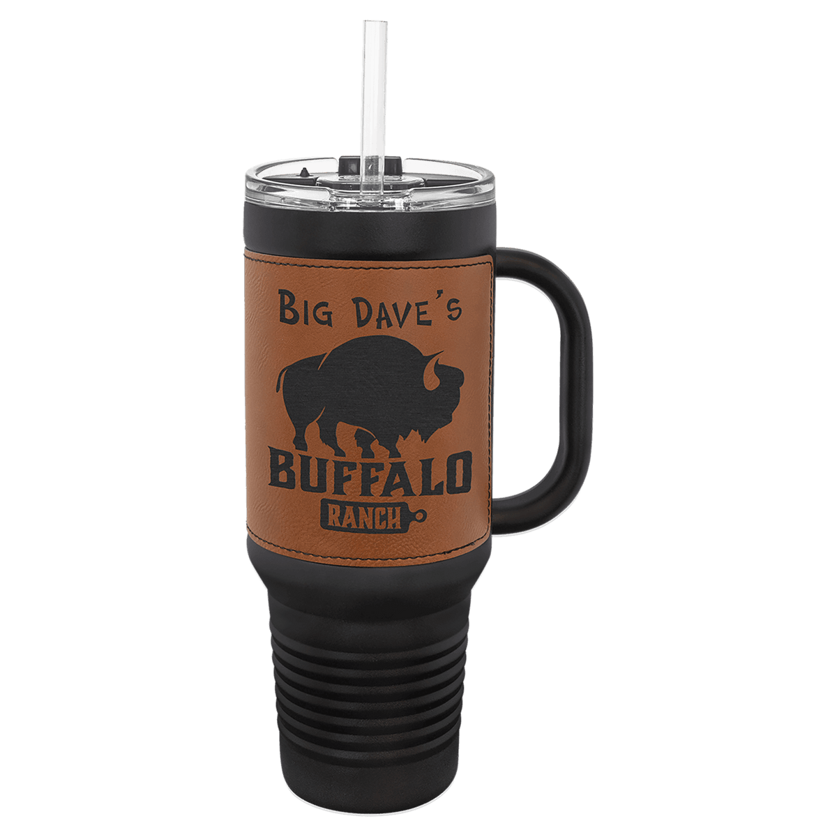 Black 40 oz. travel mug with a rawhide tan leatherette wrap, handle, straw and snap lid, shown with a sample engraving