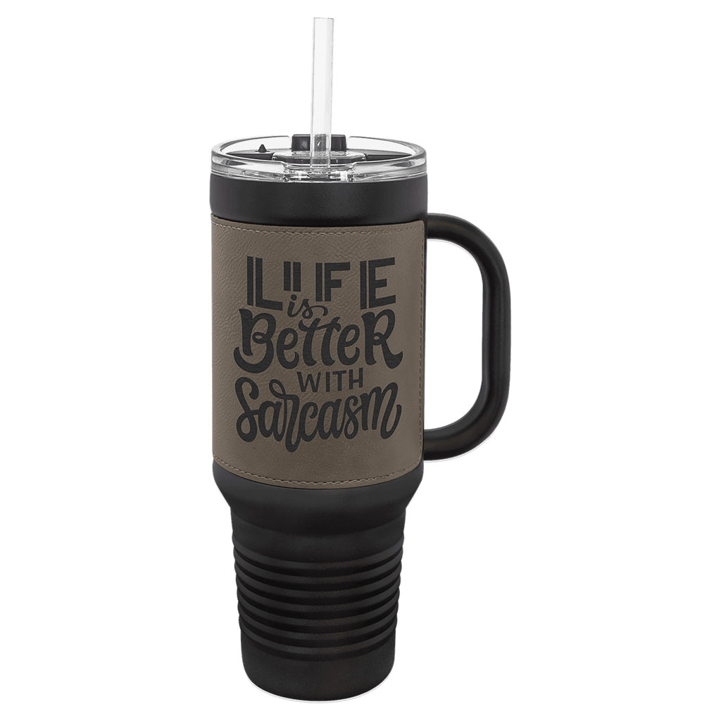 Black 40 oz. travel mug with a gray leatherette wrap, handle, straw and snap lid, shown with a sample engraving