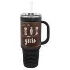 Black 40 oz. travel mug with a rustic brown leatherette wrap that engraves to silver, handle, straw and snap lid, shown with a sample engraving