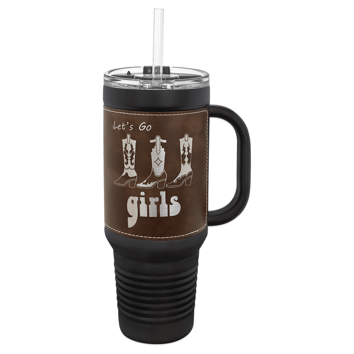 Black 40 oz. travel mug with a rustic brown leatherette wrap that engraves to silver, handle, straw and snap lid, shown with a sample engraving