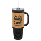 Black 40 oz. travel mug with a bamboo-tone leatherette wrap, handle, straw and snap lid, shown with a sample engraving
