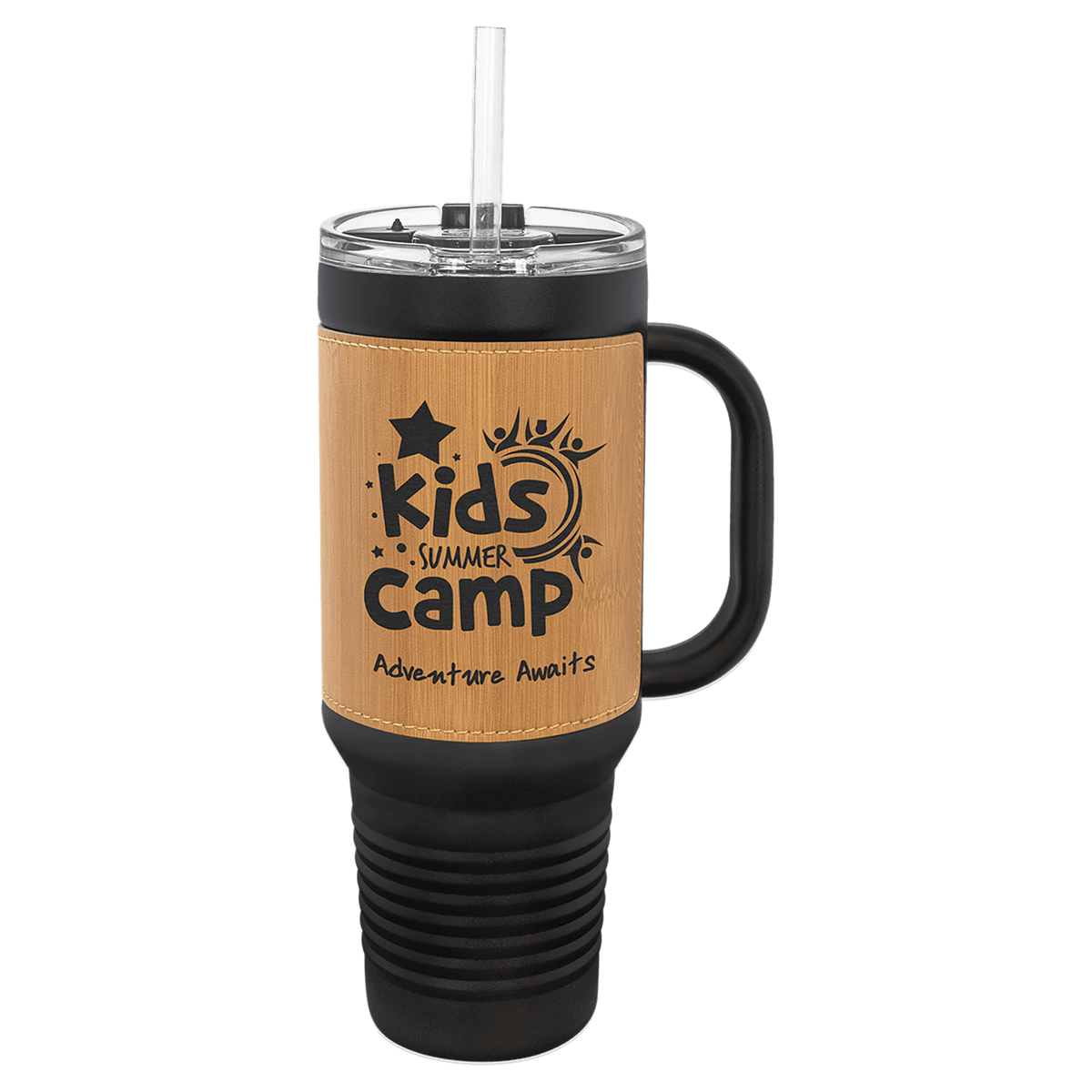Black 40 oz. travel mug with a bamboo-tone leatherette wrap, handle, straw and snap lid, shown with a sample engraving