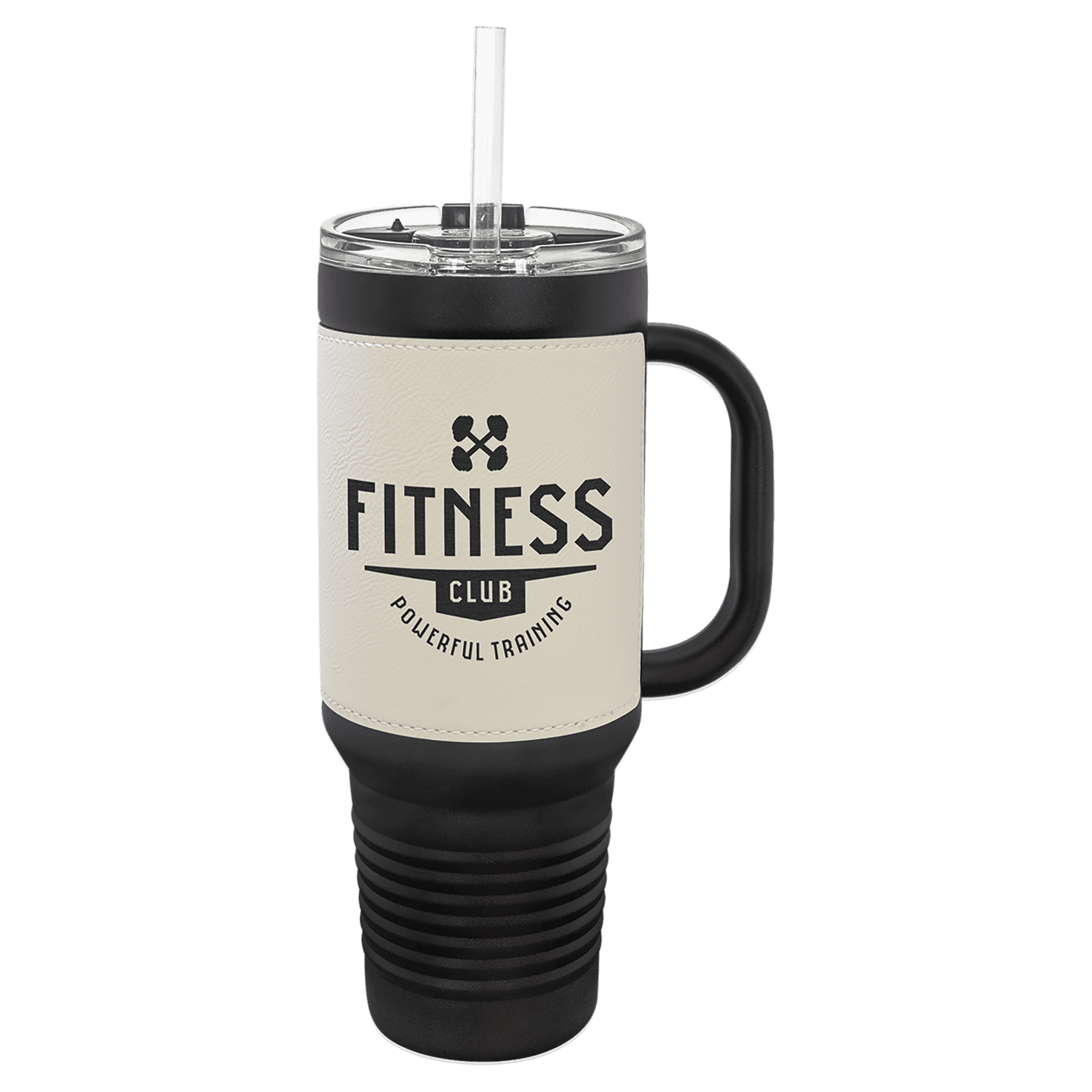 Black 40 oz. travel mug with a white leatherette wrap, handle, straw and snap lid, shown with a sample engraving
