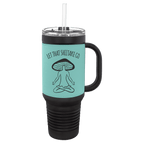 Black 40 oz. travel mug with a teal leatherette wrap, handle, straw and snap lid, shown with a sample engraving