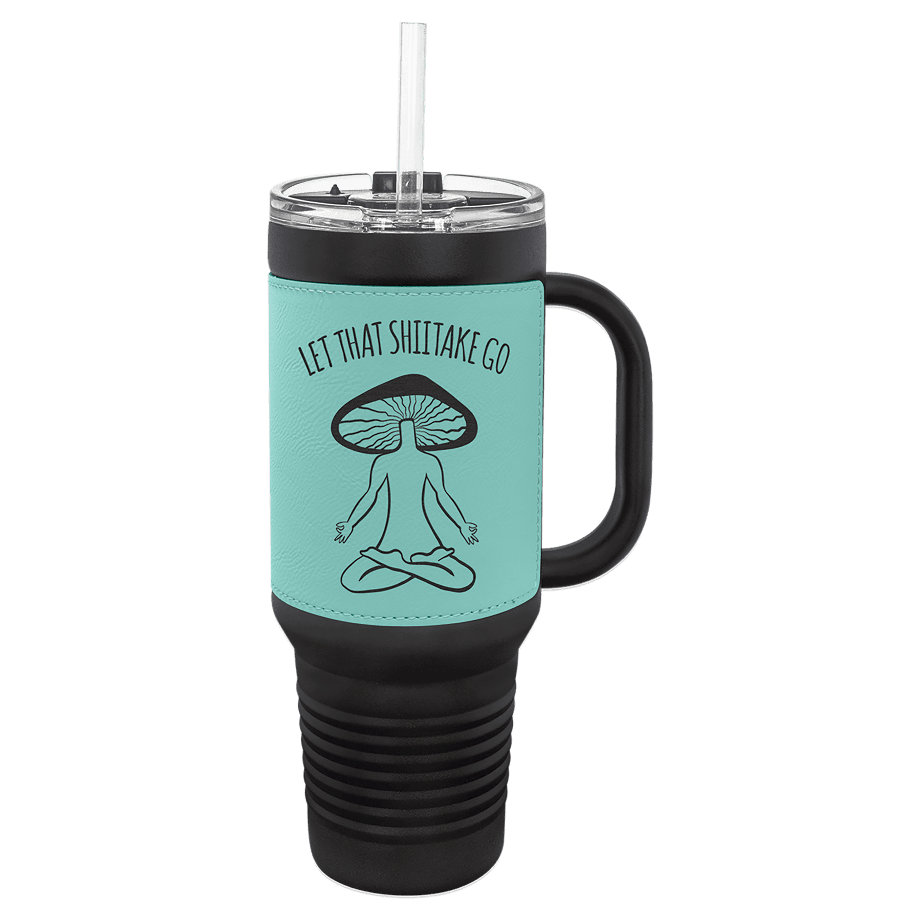 Black 40 oz. travel mug with a teal leatherette wrap, handle, straw and snap lid, shown with a sample engraving