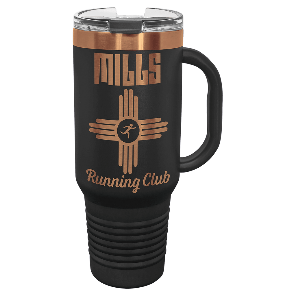 Black 40 oz. travel mug with a rose gold plated band, handle and straw