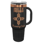 Black 40 oz. travel mug with a rose gold plated band, handle and straw