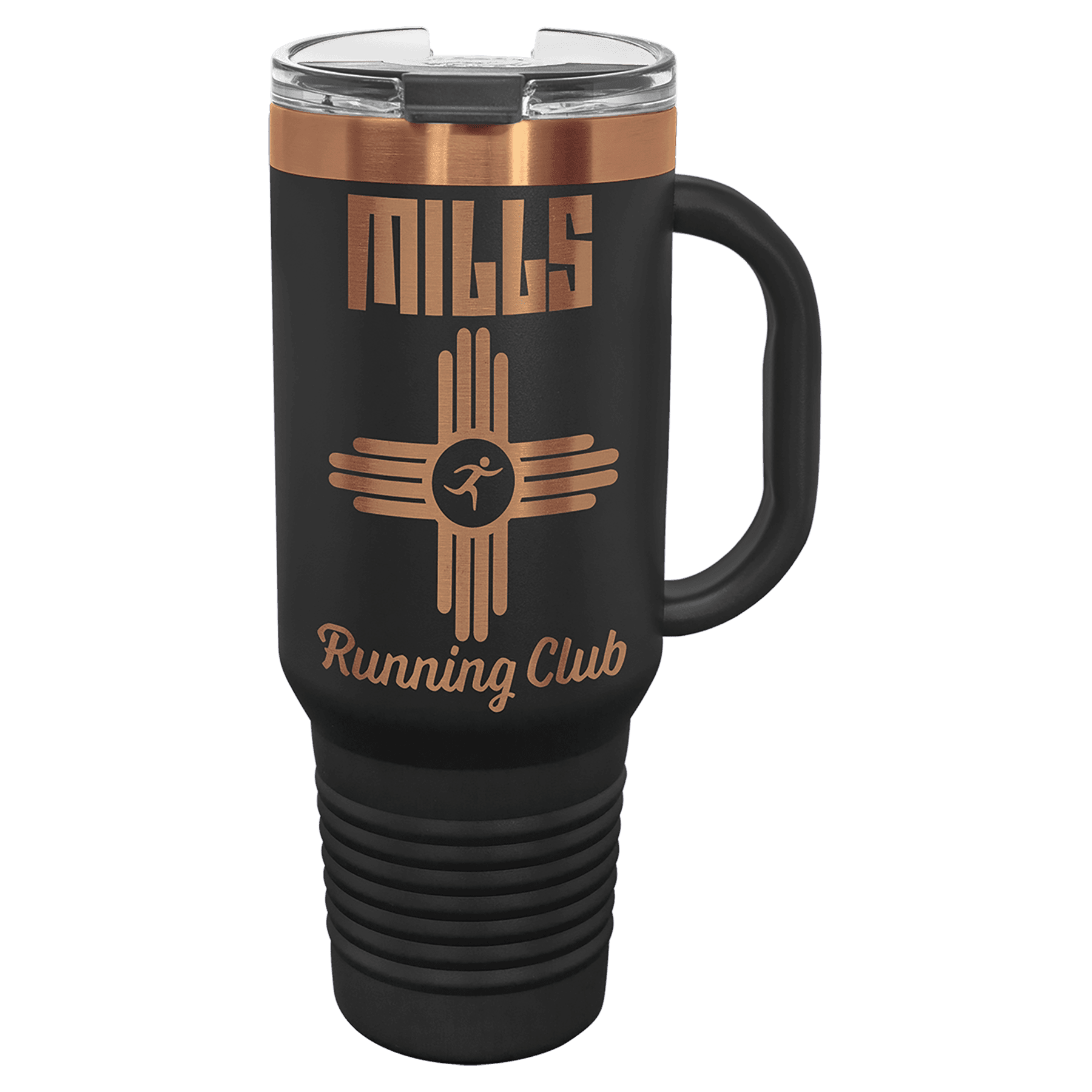 Black 40 oz. travel mug with a rose gold plated band, handle and straw