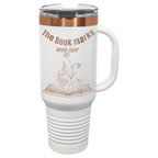 White 40 oz. travel mug with a rose gold plated band, handle and straw