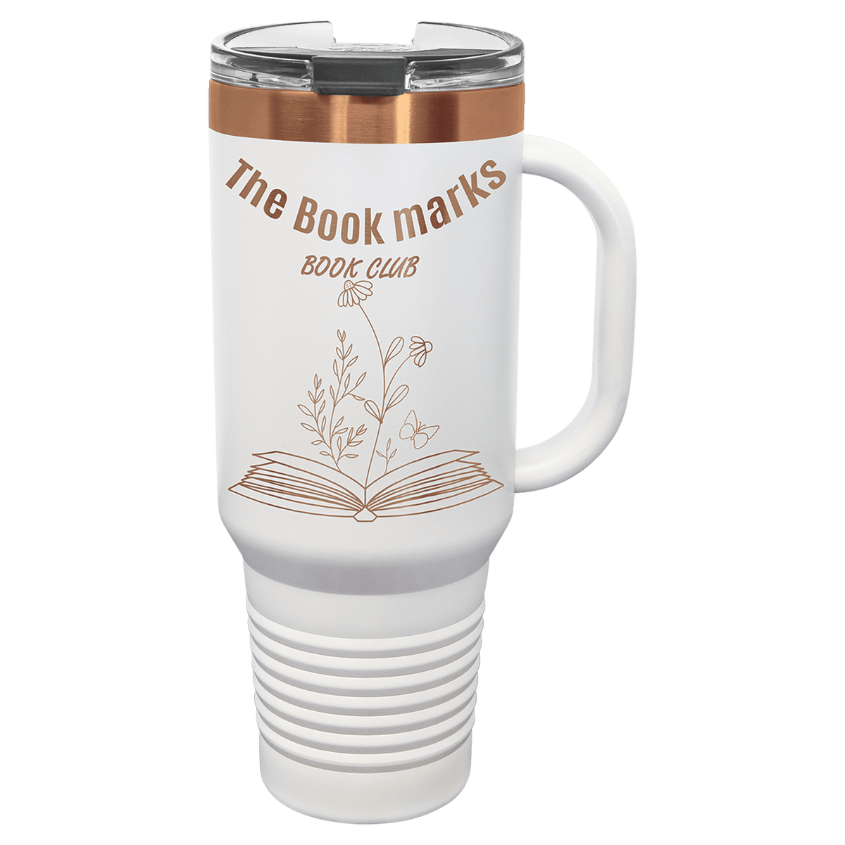 White 40 oz. travel mug with a rose gold plated band, handle and straw