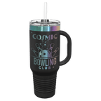 Black 40 oz. travel mug with an iridescent prism band, handle and straw