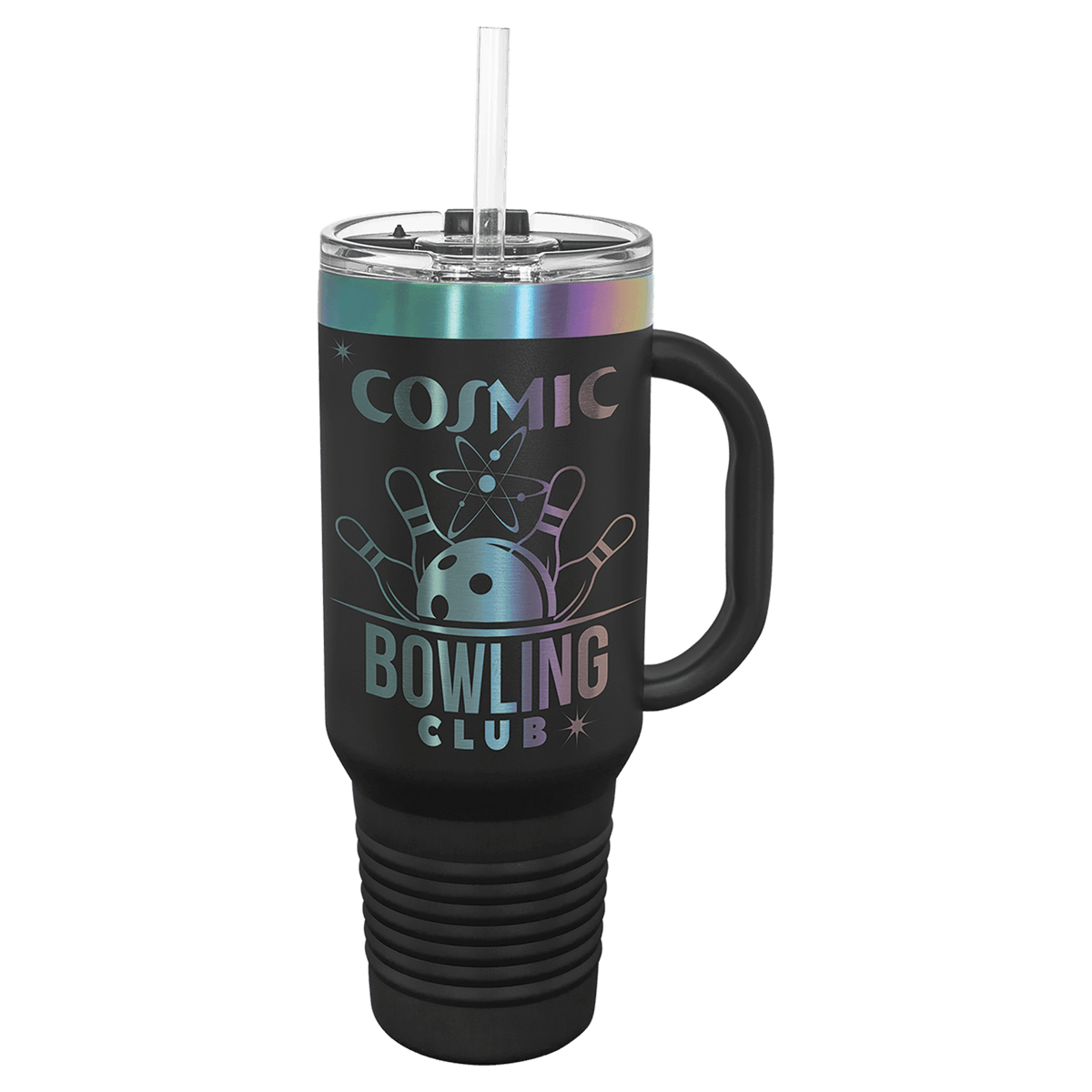 Black 40 oz. travel mug with an iridescent prism band, handle and straw