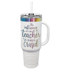 White 40 oz. travel mug with an iridescent prism band, handle and straw