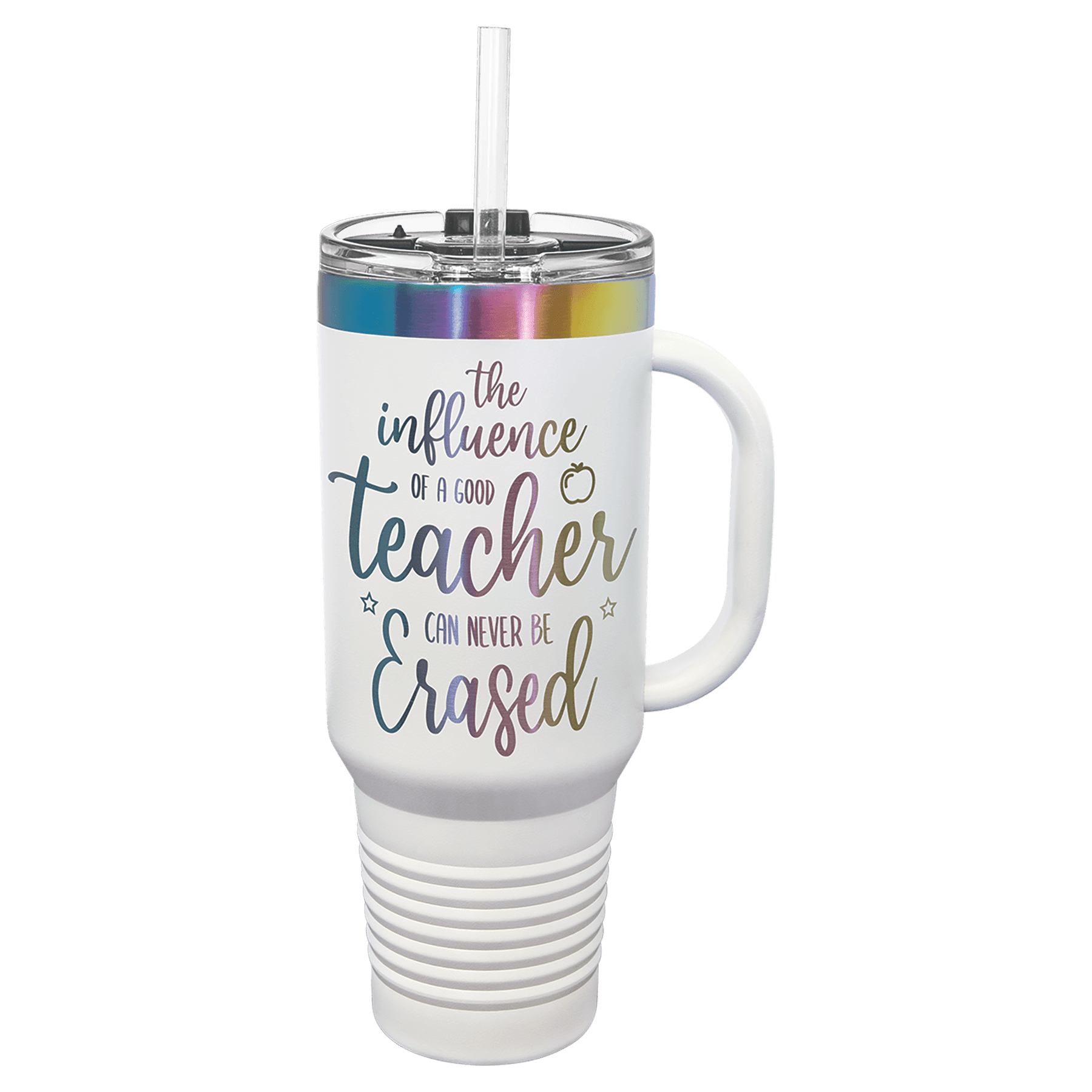 White 40 oz. travel mug with an iridescent prism band, handle and straw