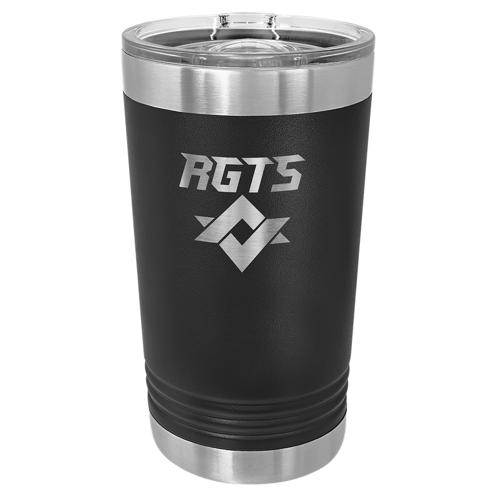 Black powder-coated 16 oz. insulated pint with a stainless steel rim and base and clear slider lid, shown with a sample engraving