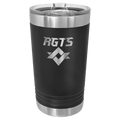 Black powder-coated 16 oz. insulated pint with a stainless steel rim and base and clear slider lid, shown with a sample engraving