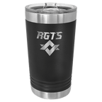 Black powder-coated 16 oz. insulated pint with a stainless steel rim and base and clear slider lid, shown with a sample engraving