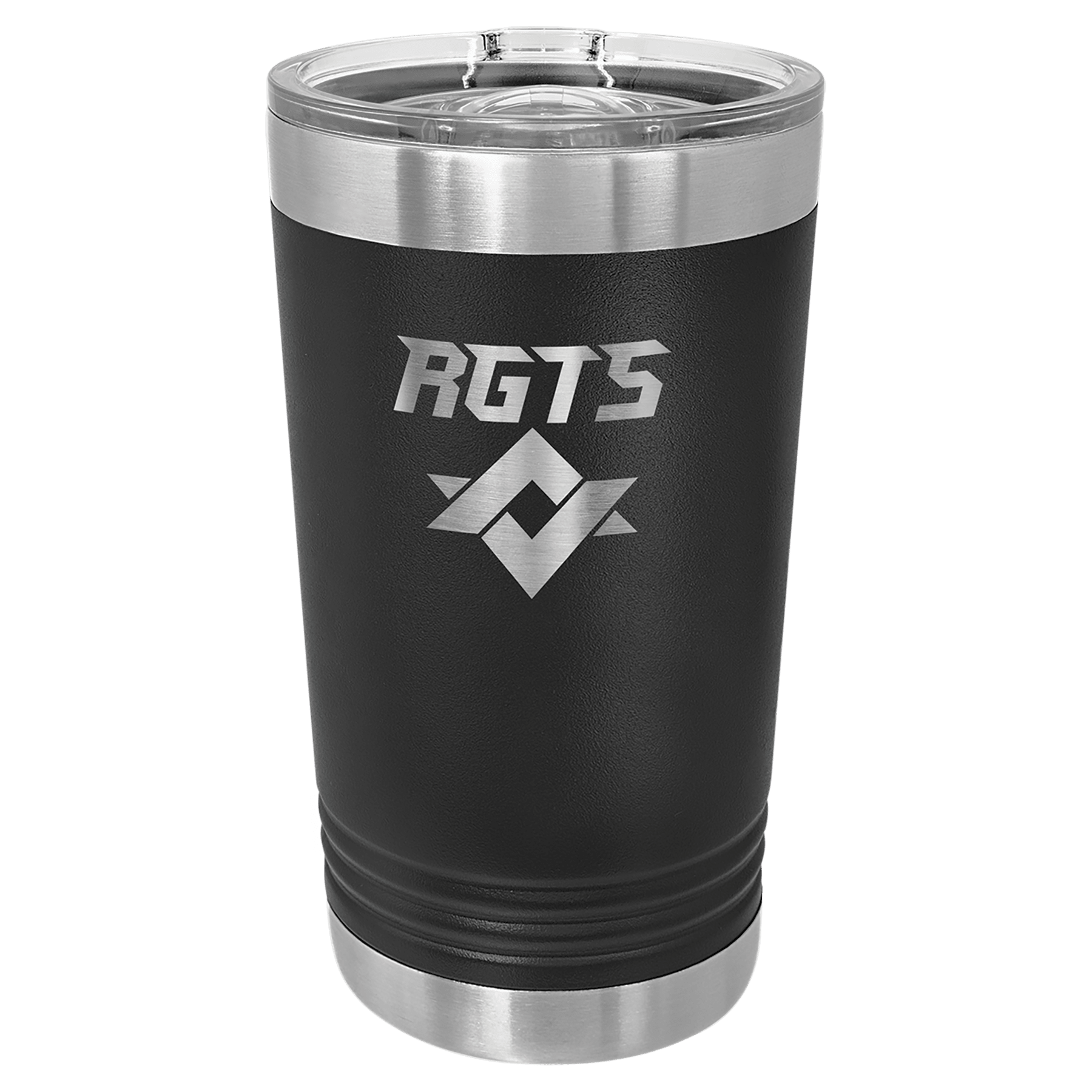 Black powder-coated 16 oz. insulated pint with a stainless steel rim and base and clear slider lid, shown with a sample engraving