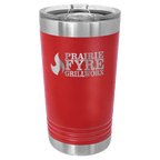 Red powder-coated 16 oz. insulated pint with a stainless steel rim and base and clear slider lid, shown with a sample engraving