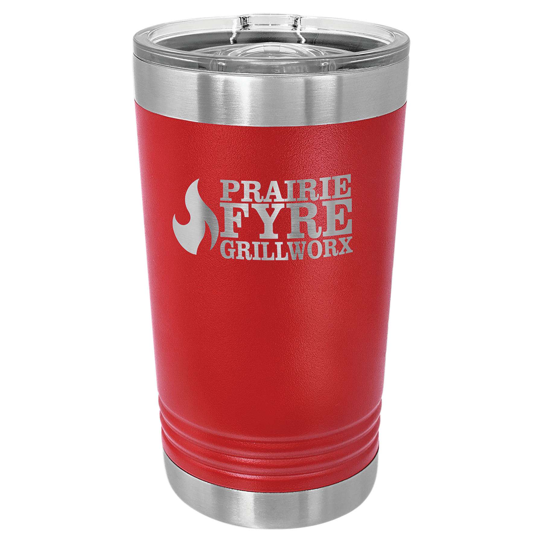 Red powder-coated 16 oz. insulated pint with a stainless steel rim and base and clear slider lid, shown with a sample engraving
